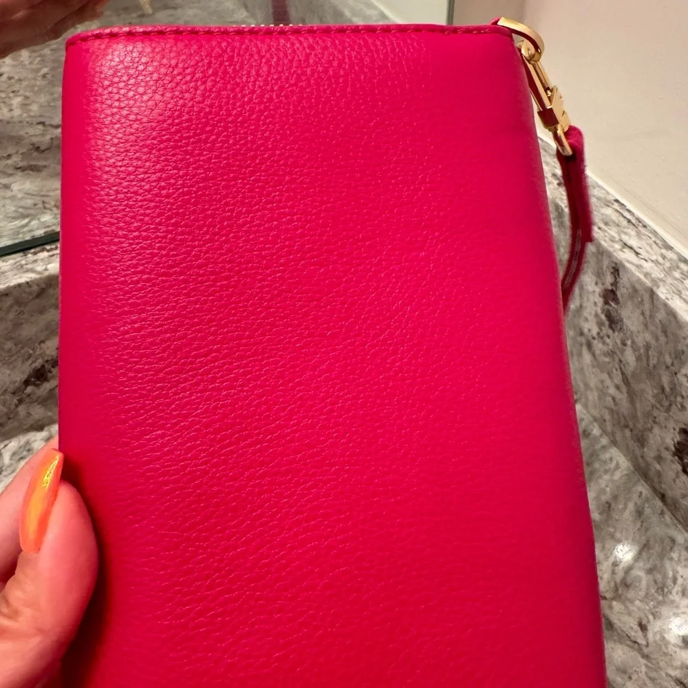 Tory Burch Hot Pink Leather Wristlet with Gold Logo